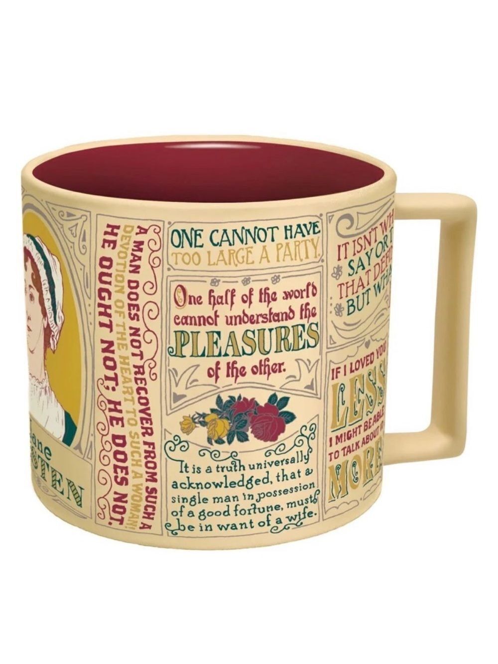 Philosophers Guild Cream Burgundy Teal Jane Austen Quotes Coffee Tea Mug